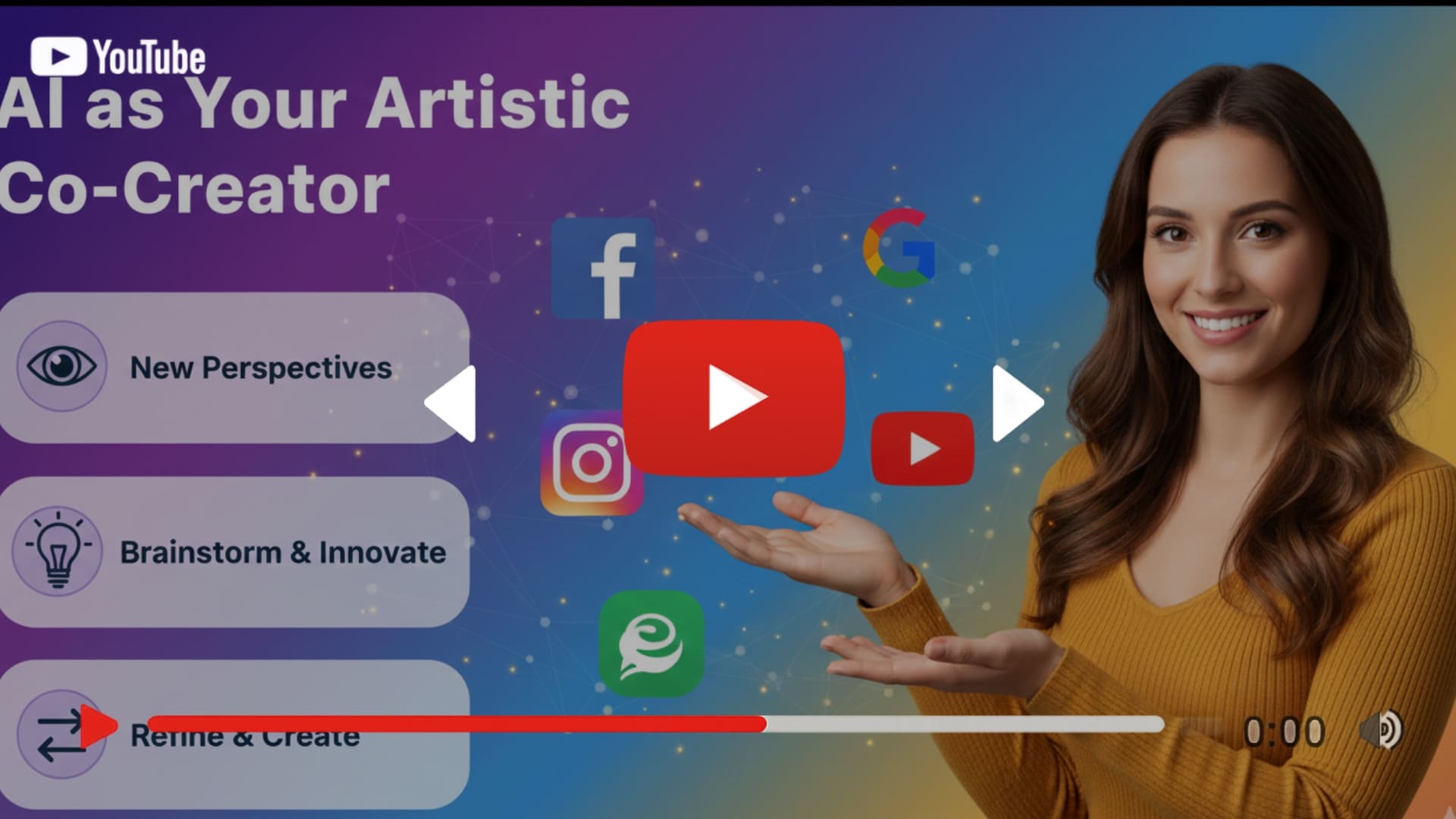 A diverse group of artists (painter, writer, musician) collaboratively interacting with glowing, abstract AI interfaces, symbolizing creative partnership.