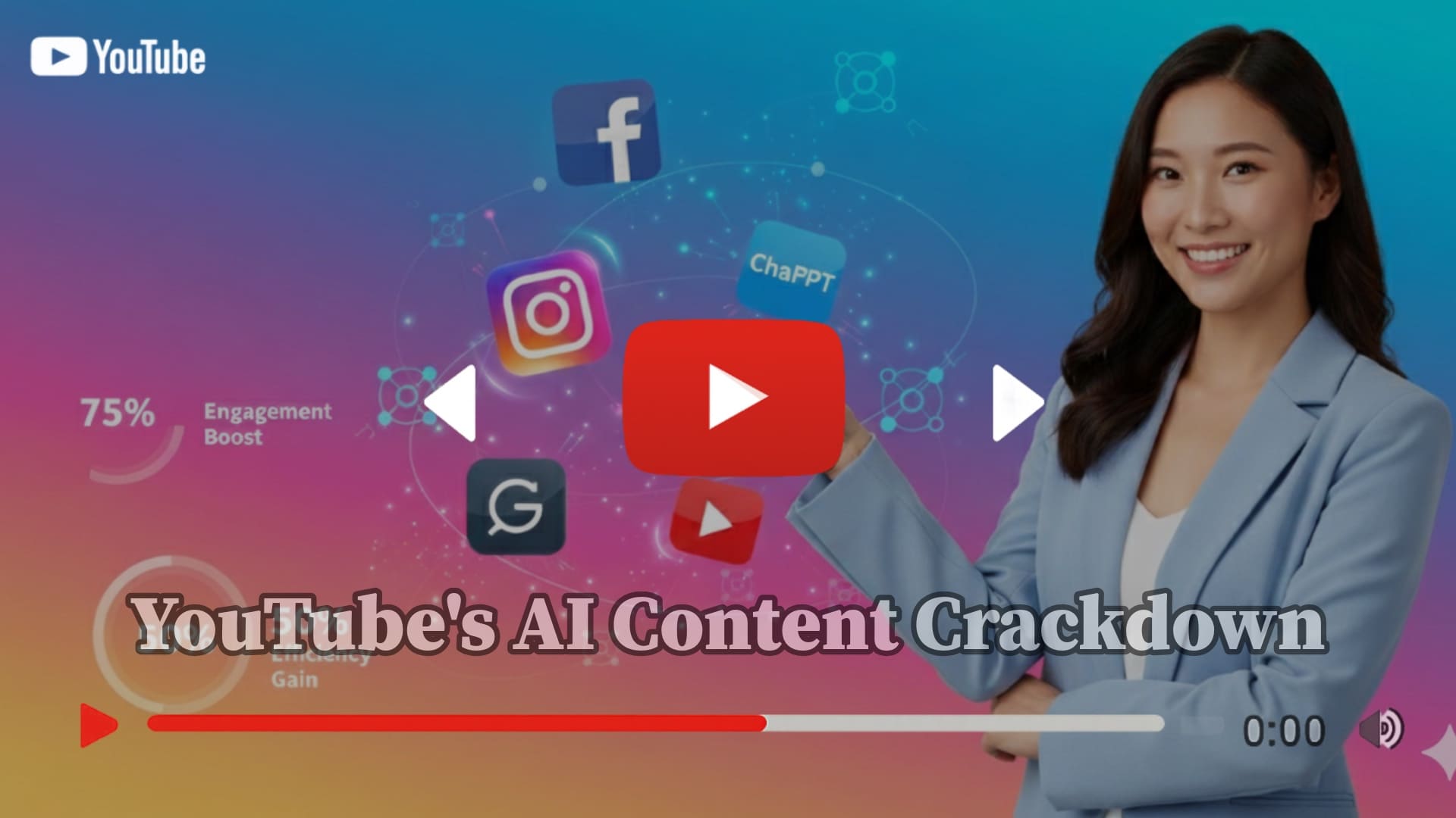 A graphic illustrating 10 steps to stay safe from a YouTube AI ban, featuring the YouTube and AI logos.